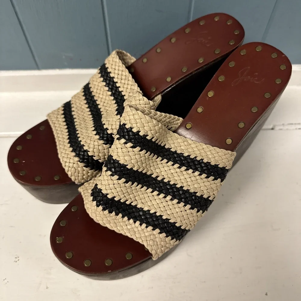 Joie Black Ivory Black Woven Stripe Braided Leather Platform Wood Wedges 10 - 40